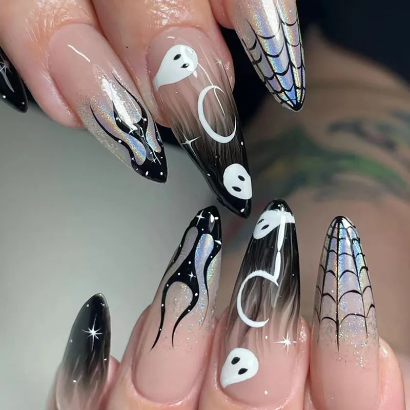 24Pcs Long Almond Halloween Nail Stickers Cute Ghost Spider Web Unghie Finte Rifinite Flame French False Nails Press On Nail Tips