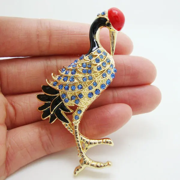 Splendido Blu Uccello Rosso-Gru Coronata Rhinestone Goldtone Spilla Pin