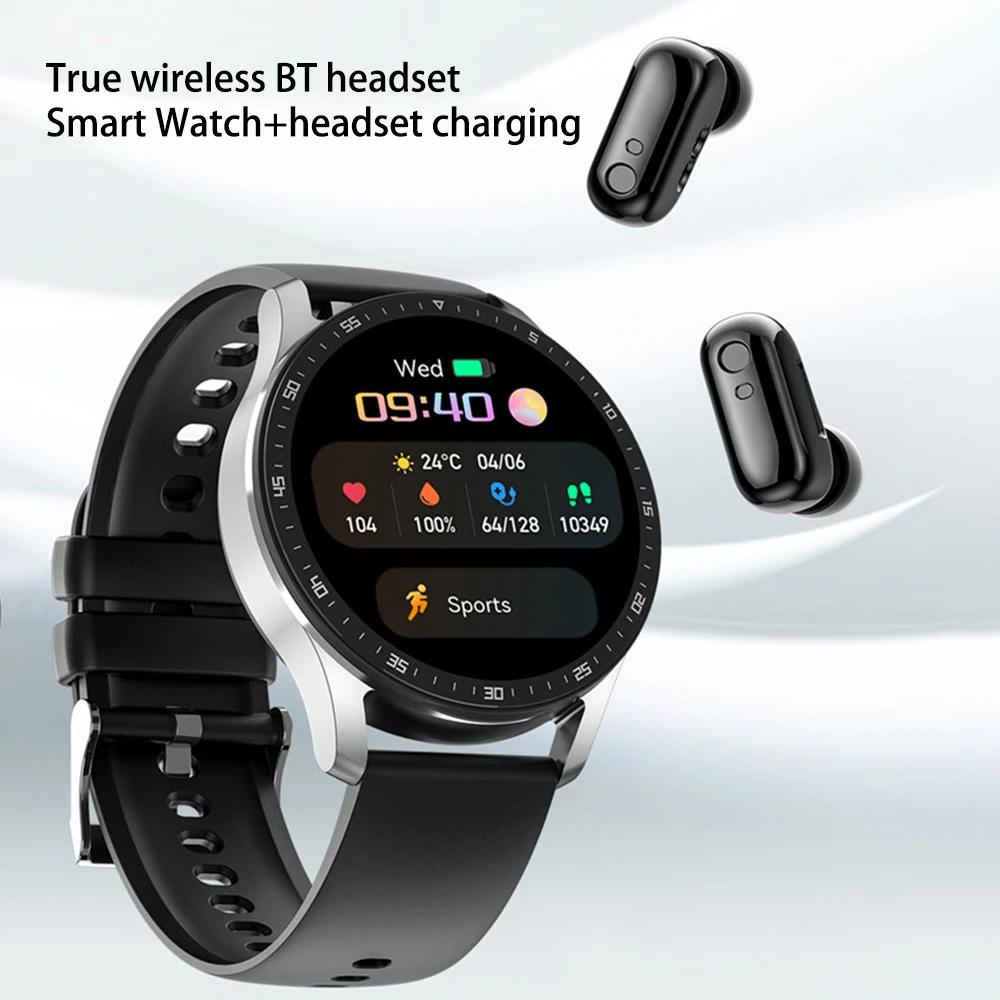 Two In One Wireless Bluetooth Headset Smart Watch Full Touch Screen Sport Fitness Watch Health Blood Pressure Music Smart Watch