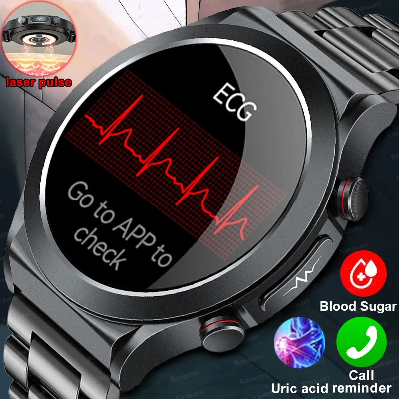 2023New Ecg + Ppg Laser Pulse Therapy Promemoria Chiamata Smartwatch Blood Glucosio Men Full Touch Screen Sport Fitness Smart Watch Clock