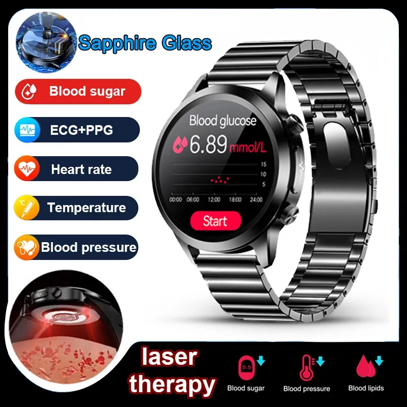 2024 Vetro Zaffiro Trattamento Laser Tre High Smart Watch Men Ecg + Ppg Blood Sugar Blood Pressure Health Tracker Smart Watch