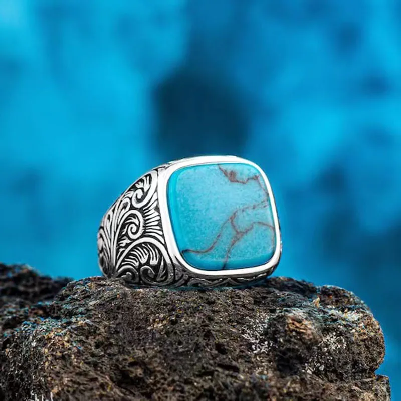 Moda Trendy Square Turchese Stone Men Ring Vintage Titanium Stainless Steel Seal Rings Punk Hiphop Male Finger Jewelry