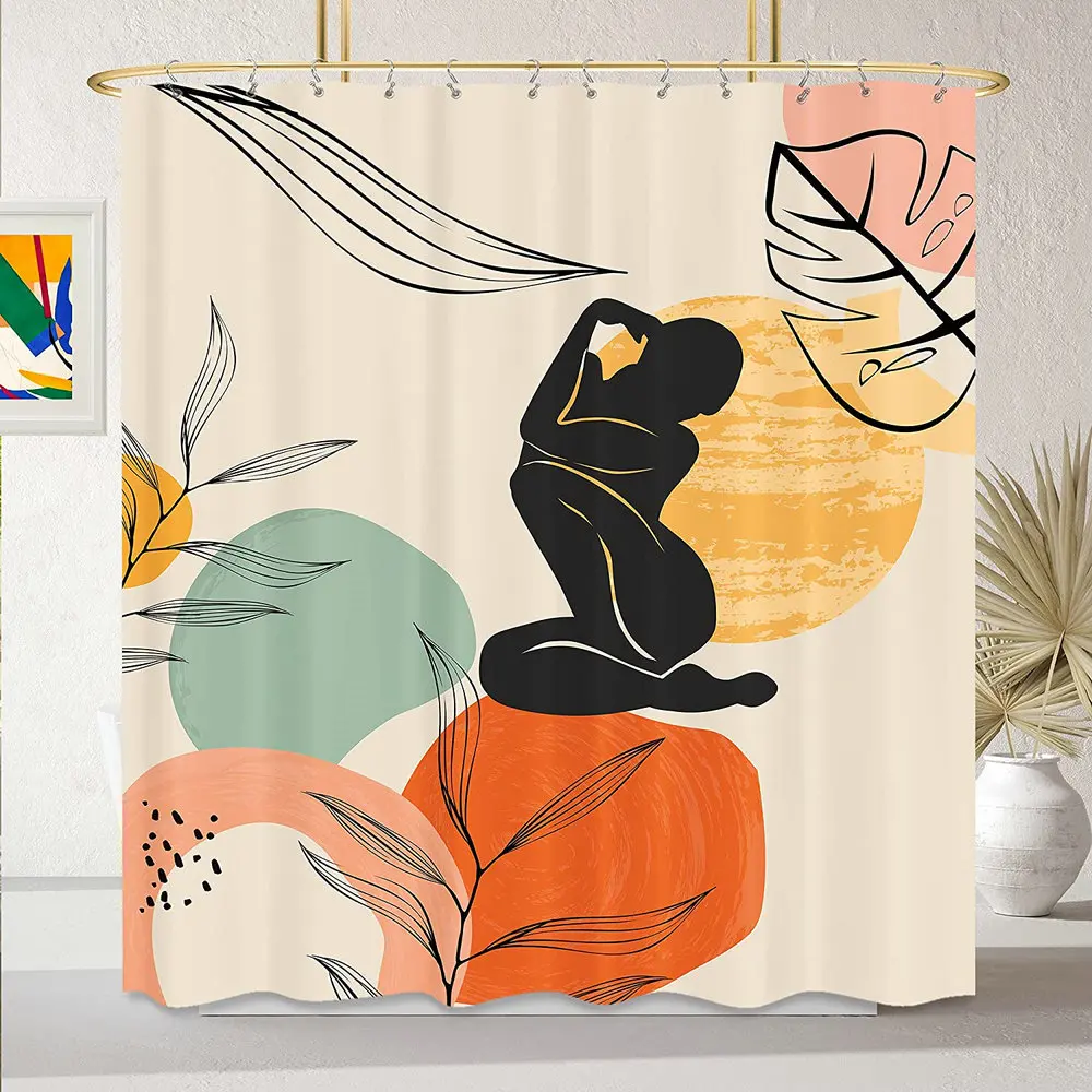 Tenda Da Doccia Geometrica Estetica Moderna Astratta Teal Orange Stone Plant Line Minimalista Sun Beige Women Yoga Pose Bath Decor