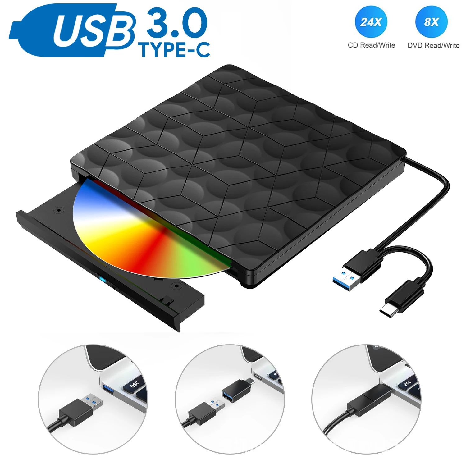 Lettore Dvd Esterno Usb 3.0 Portatile Cd Drive Slim Dvd +/-Rw Rewriter Burner Per Laptop Desktop Pc Optical Drive Type-C