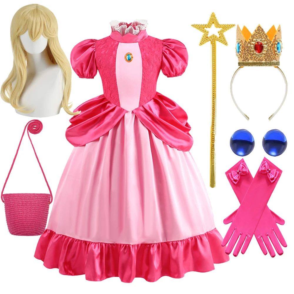 New Pink Peach Princess Dress Up For Girls Halloween Costume Mesh Puff Tulle Kids Cosplay Costume Lace Party Outfit