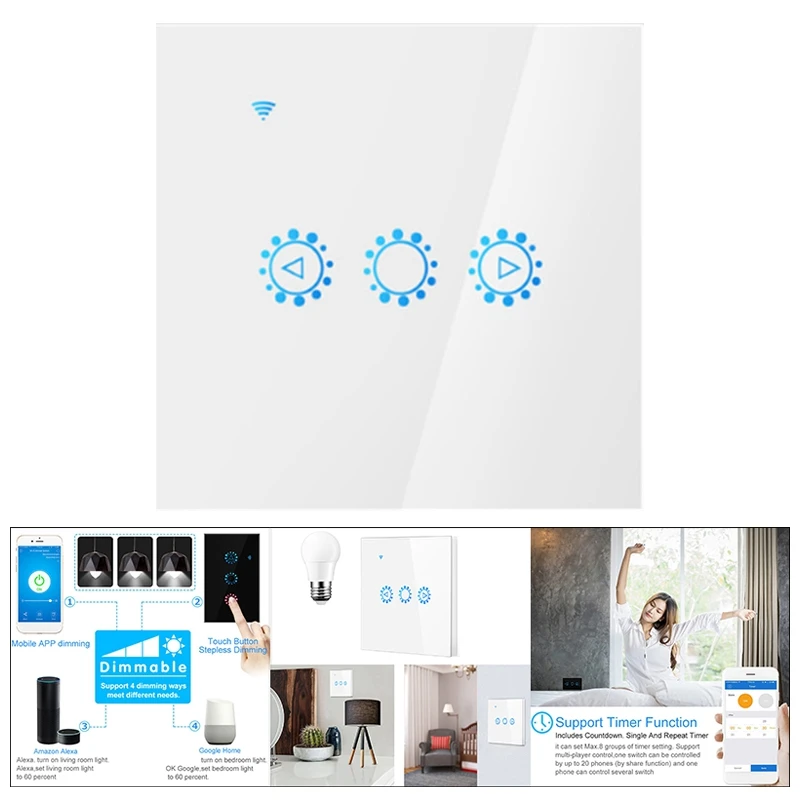 Smart Dimmer Led Press Wifi Light Switch Smart Bulb Dimmer Wall Switch Eu/Uk Con App Voice Per Alexa, Google Home