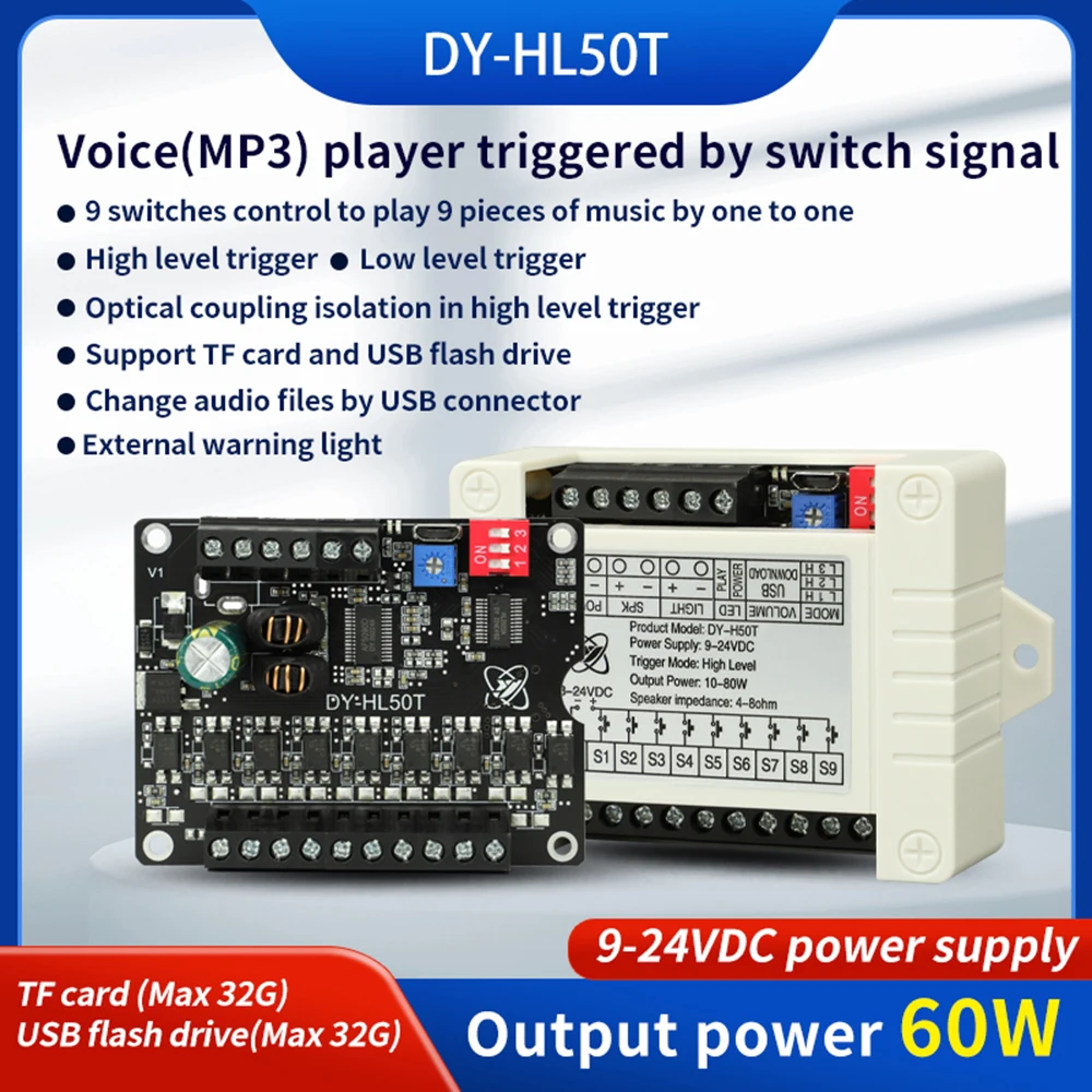 Dc9-24V 60W Mp3 Power Voice Broadcast Prompt Module Trigger Di Alto E Basso Livello Supporto Di Riproduzione Mp3 One-To-One Tf Card U Disk