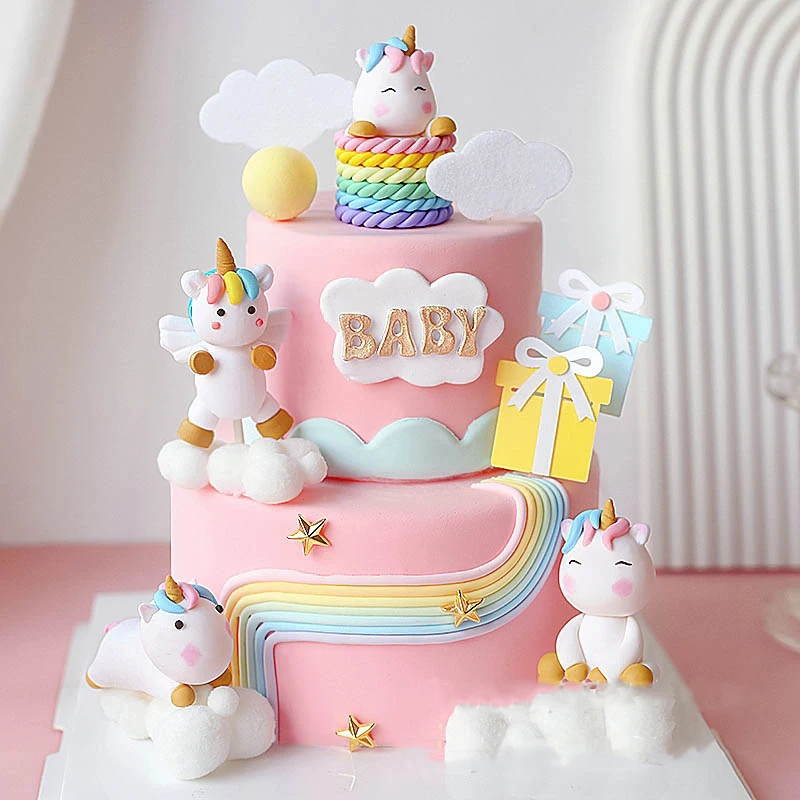 Unicorn Theme Party Cake Decor Arcobaleno Cavallo A Dondolo Confezione Regalo Cake Topper Happy Kids Baby Shower Birthday Parti Decor