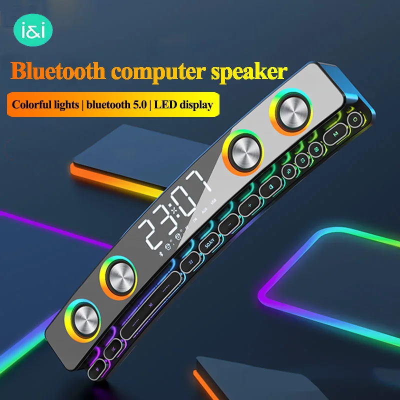 Sh39Esports Bluetooth Speaker Bar Rgb Color Lights 3D Stereo Surround Bass Speaker Aux Fm Radio Home Clock Computer Music Center