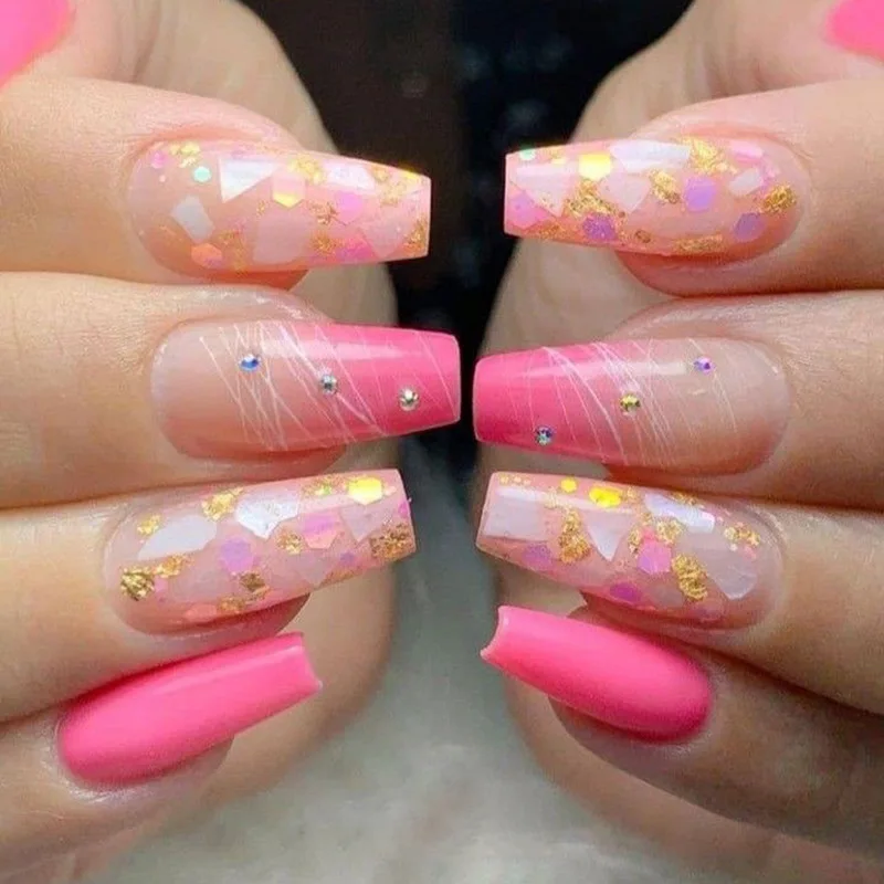 Shell Glitter Powder Rhinestone Wearable Nail Art Pink Long Coffin Press On Nails Detachable Finished False Nails With Glue
