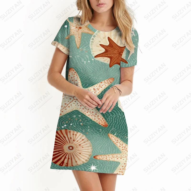 Starfish 3D Print Dress Summer Beach Vacation Style Dress Fashion Allentato Casual Large Size Dress Street Abito Manica Corta