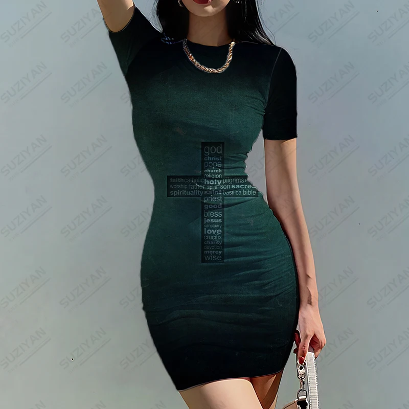 Summer Trend Retro Dress Women'S New Slim-Fit Jumper Abito Manica Corta Classic Cross Religioso 3D Print Dress