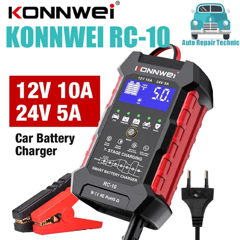 Konnwei Rc-10 12V 24V 10A 5A Full Automatic Full Car Battery Charger Strumento Di Riparazione Pulse Auto Alimentatore Al Piombo Pk Kw510