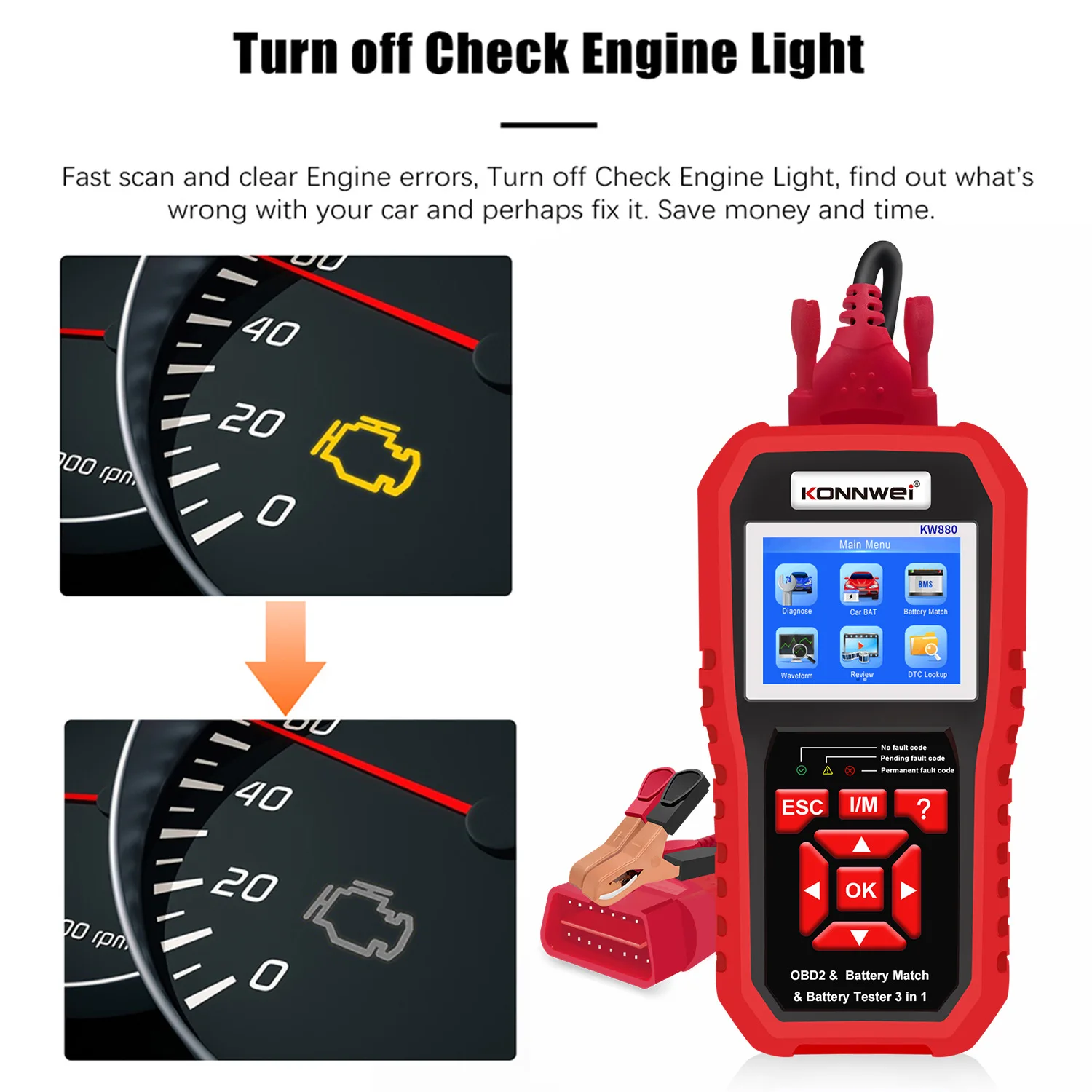 Konnwei Kw880 Car Battery Match Car Obdii Diagnostic Fault Scanner Tester Della Batteria Per 6V-12V Test Della Batteria Del Motociclo Universale
