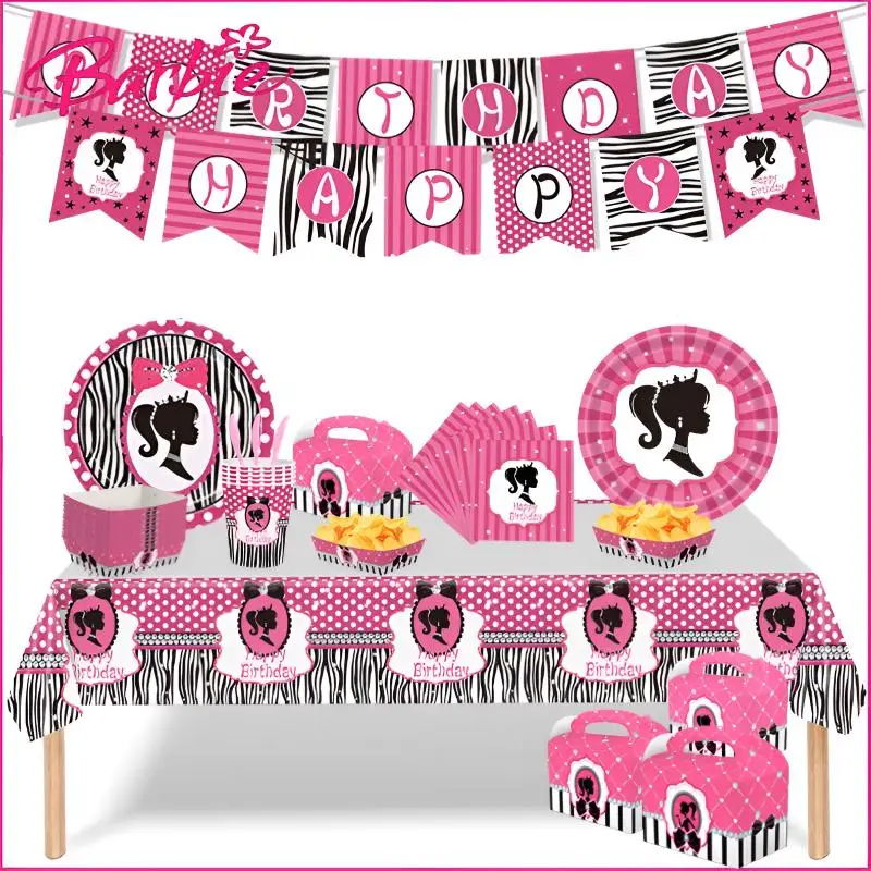 2023 Barbie Party Supplies Set Di Stoviglie Per Piatti Di Carta Usa E Getta Decorativi Festivi Candy Biscuit Decoration Box Sacchetto Regalo Per Ragaz