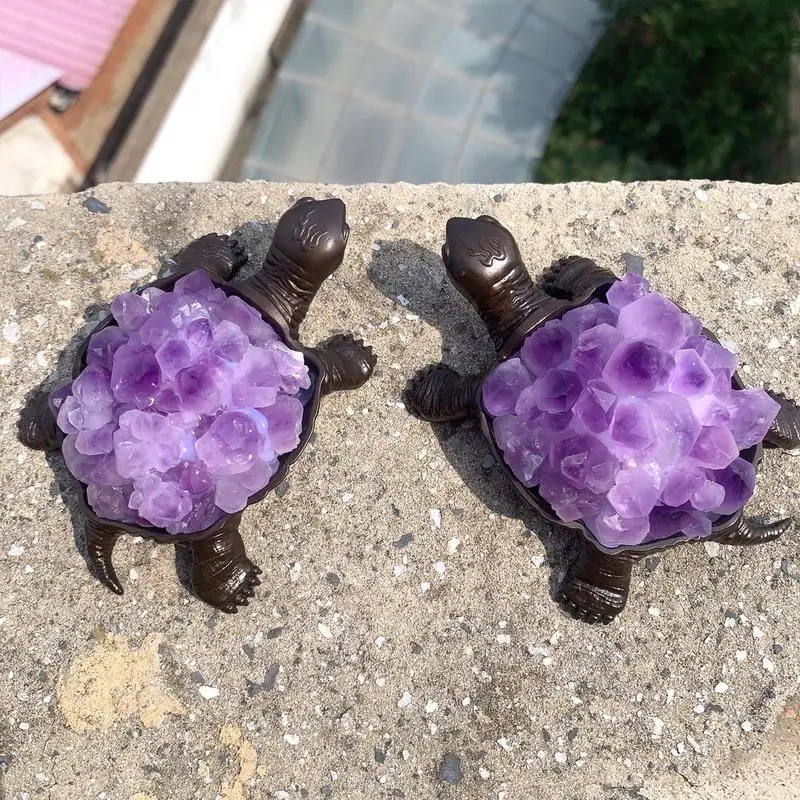 Natural Purple Crystal Cluster Turtle Decorazione Della Casa Fengshui Lucky Amulet Ore Rock Quartz Ametista Citrino Animal Decor