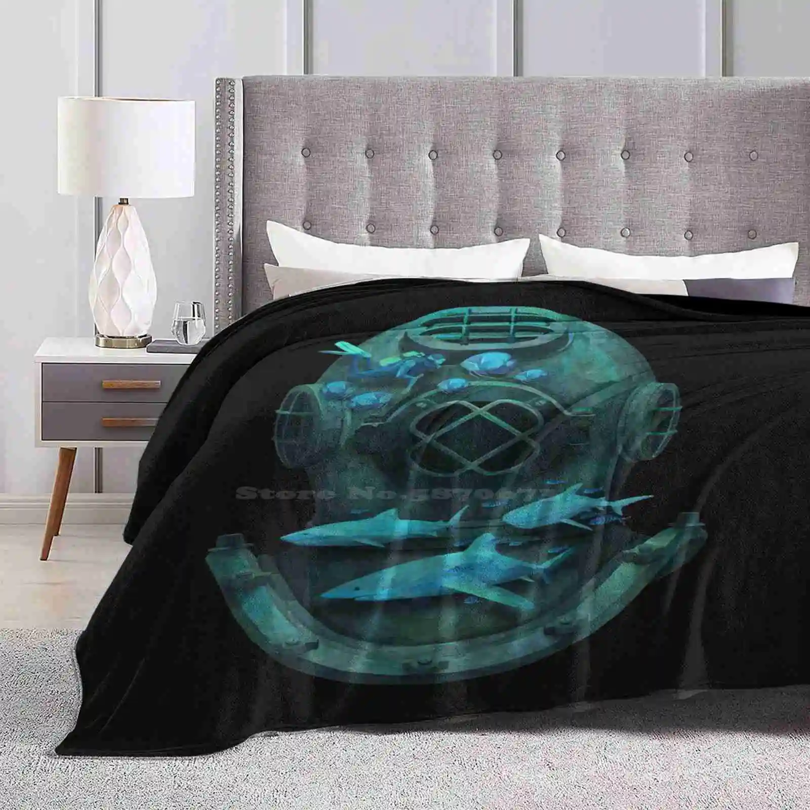 Deep Soft Warm Throw Coperta Nature Sharks Fish Helmet Diver Sea Water Ocean Life Marine Artsy Artsy Green Blue Human