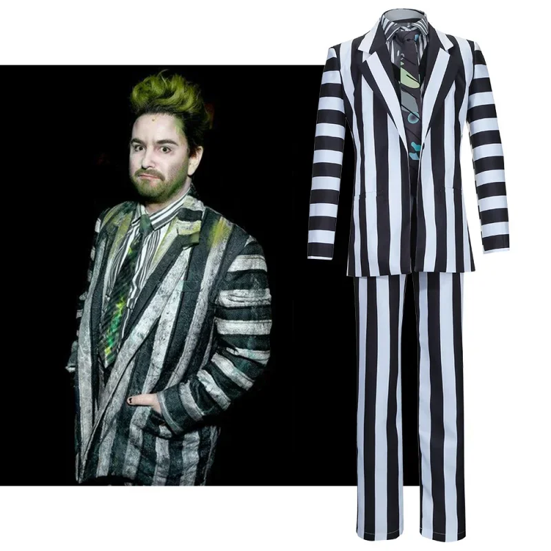 Disfraz De Anime Beetlejuice Adam Para Adultos, Traje A Rayas Blancas Y Negras, Chaqueta, Camisa, Pantalones, Trajes De Fiesta D