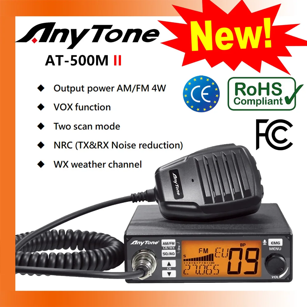 2024 Nuova Radio Cb Mobile Anytone At-500M Ii Vox Per Camion 12/24V Am/Fm 26-27Mhz, Riduzione Del Rumore, Autoradio Con Canale Meteo Wx