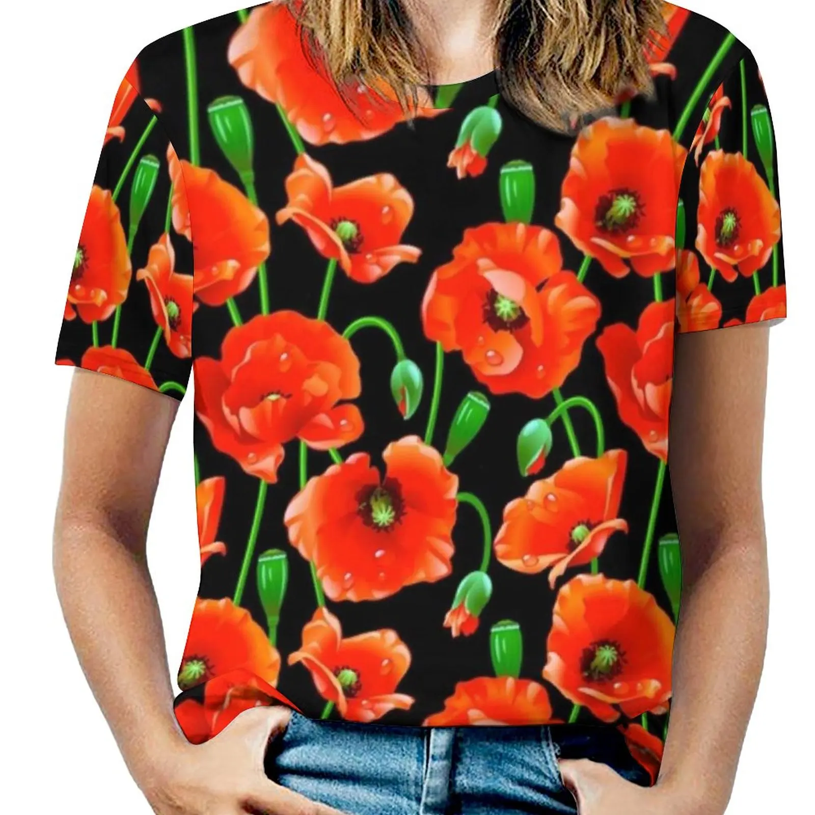 Red Poppies On Black Fashion Print Women Ladies Girls T-Shirt Harajuku Round Neck Short Sleeve Tops & Tees Poppy Red Poppy