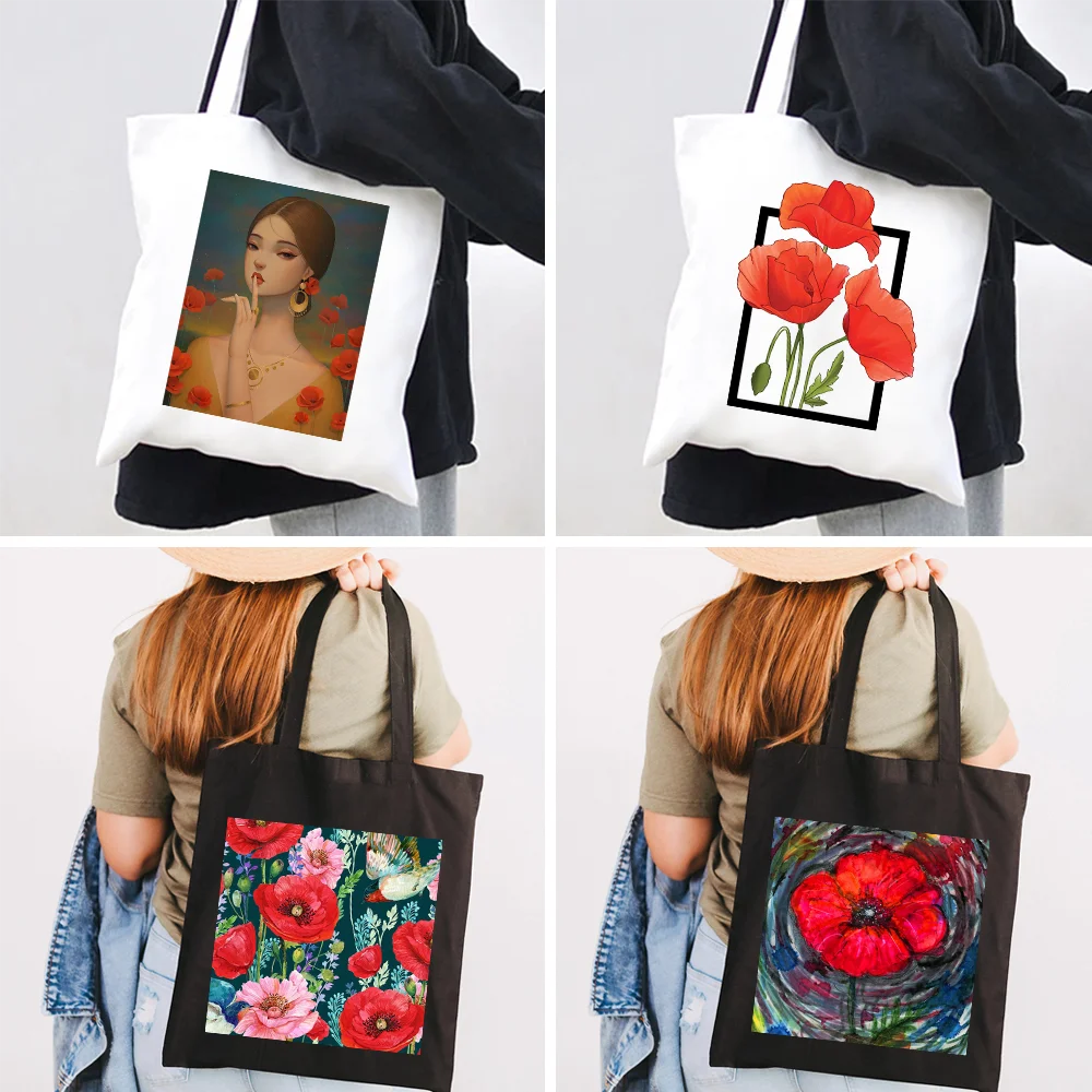 Allegro-Carino Rosso Papavero Fiori Campo Wild Poppies Pittura Tela Shopper Cotone Tote Bags Shopping Borse A Tracolla