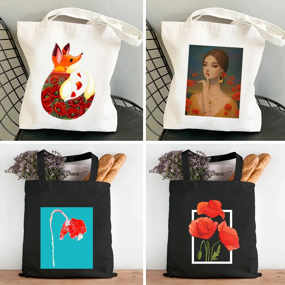 Allegro Carino Rosso Papavero Fiori Campo Wild Poppies Pittura A Olio Donna Tela Spalla Cotone Tote Bag Shopper Shopping Handbag