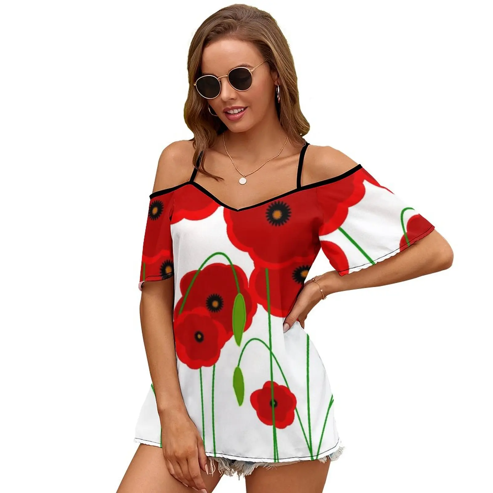Red Poppies Print O-Neck Off-The-Shoulder Top Short-Sleeved T-Shirt Ladies Streetwear Red Poppy Poppies Poppy Poppy Flowers