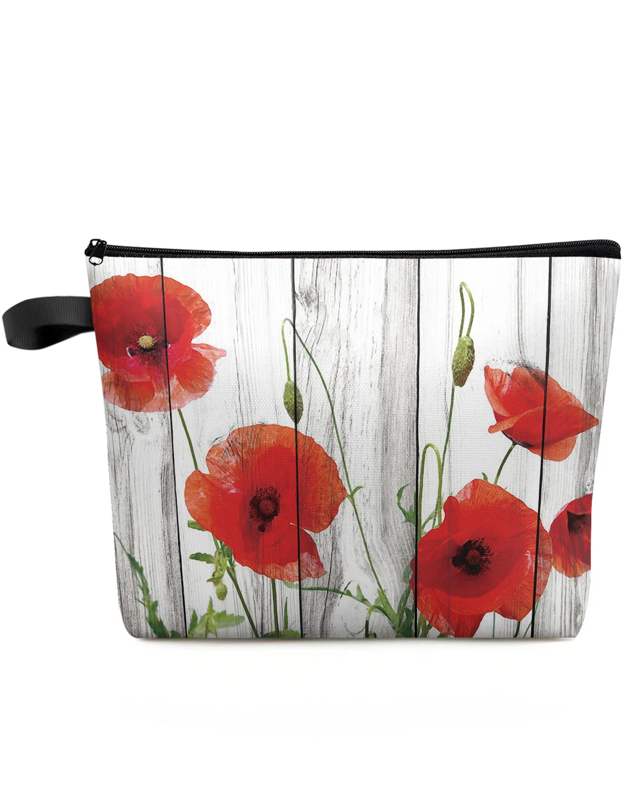 Vintage Wood Red Flowers Poppy Makeup Bag Pouch Travel Essentials Lady Women Cosmetic Bags Toilet Organizer Storage Pencil Case
