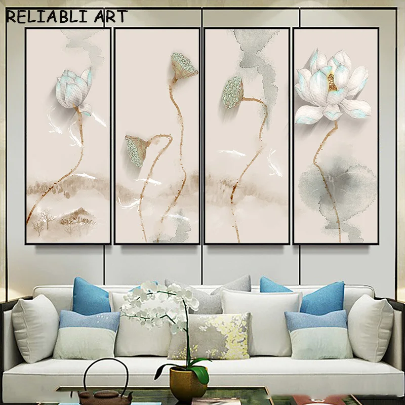 Modern Large Size Ink Lotus Canvas Painting Quattro Pezzi Poster E Stampa Wall Art Picture For Living Room Decor No Frame