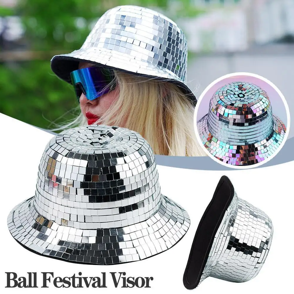 Copricapo Glamour Bar Dance Copricapo Sparkly Festival Party Hat Glitter Bucket Hat Mirror Disco Hat Paillettes Bucket Fisherman Cap