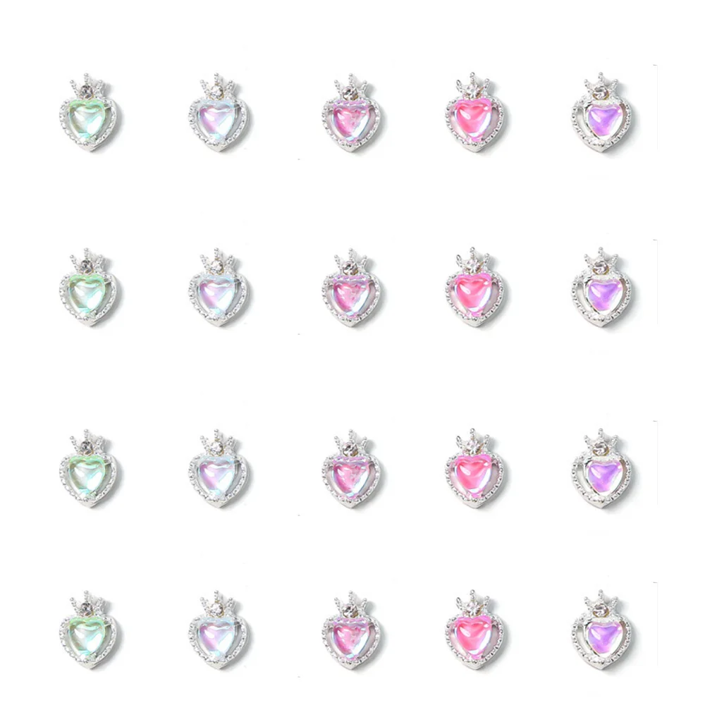 10Pcs Fairy Pixie Heart Crown Nail Charm Candy Jelly Peach Hearts Silver Alloy Edge Cat Eye Gem Diamonds Manicure Decoration