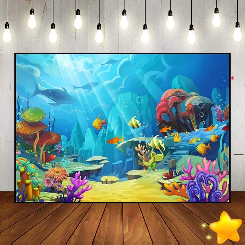 Great White Shark Coral Reef Under The Sea Background Photography Fondali Party Baby Shower Decoration Photo Vinyl Banner