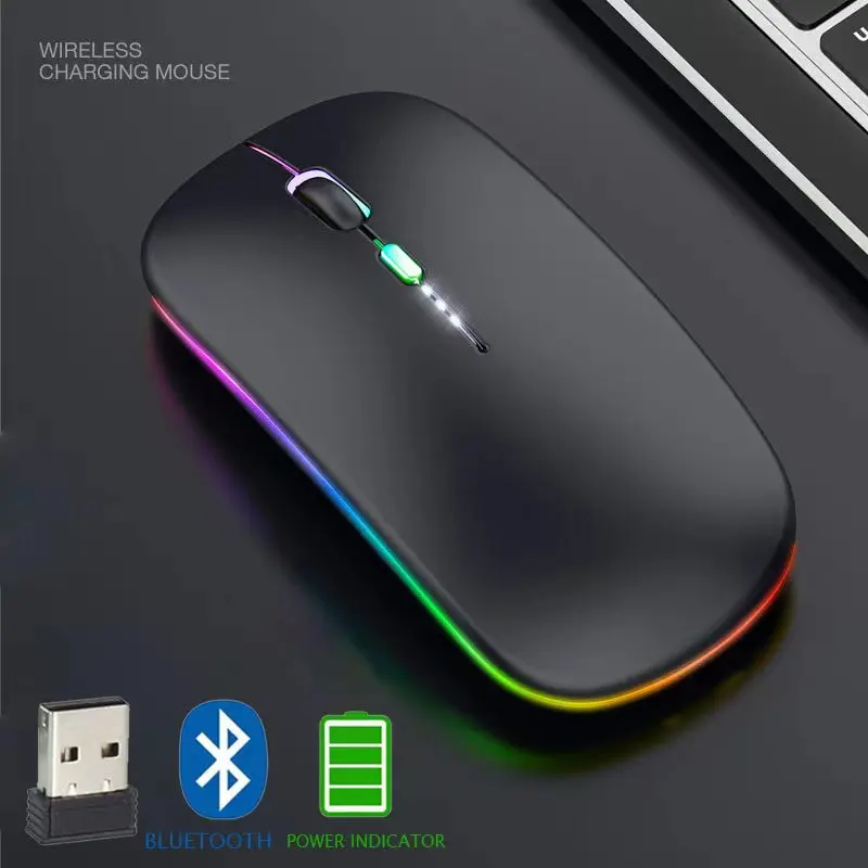 Bluetooth 5.0 Wireless Mouse For Laptop Computer Pc Macbook Gaming Mouse 2.4Ghz With Usb Rechargeable Rgb Light Power Indicator