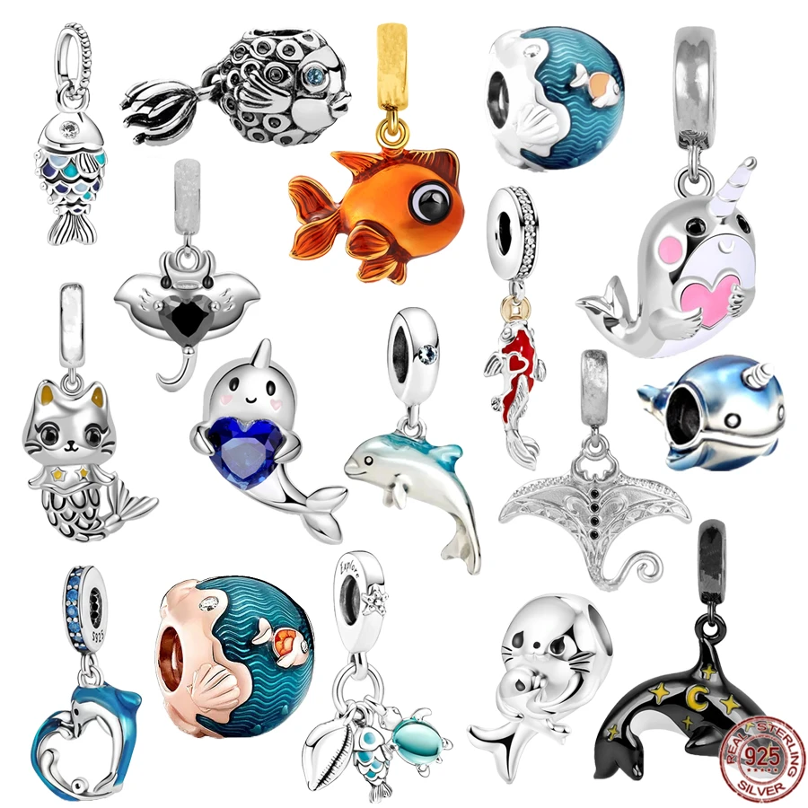 Good Fortune Carp Fish Whale Goldfish Dolphin Charm Beads 925 Sterling Silver Fit Original Pandora Bracciale Fashion Jewelry Gift