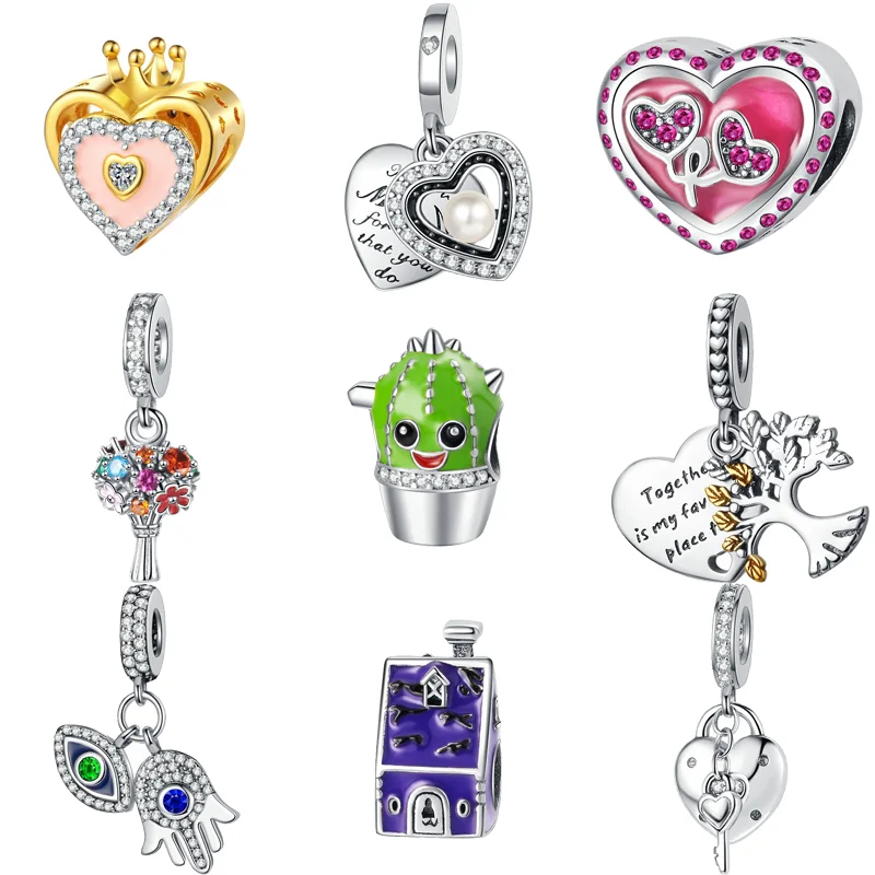 Fit Original Pandora Charm Bracciale 925 Sterling Silver Cactus Flower Tree Heart Pearl Crown Demon Palm Eye Lock Key House Beads