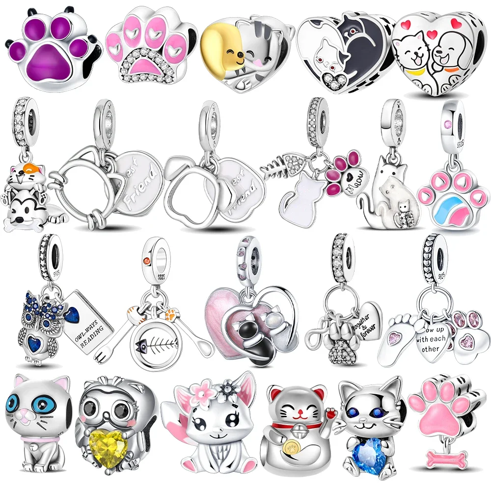 Lucky Cat Pink Footprint Ciondolo Charms Fit Original 925 Pandora Bracciale 925 Sterling Silver Charm Bead Collana Gioielli Femminili