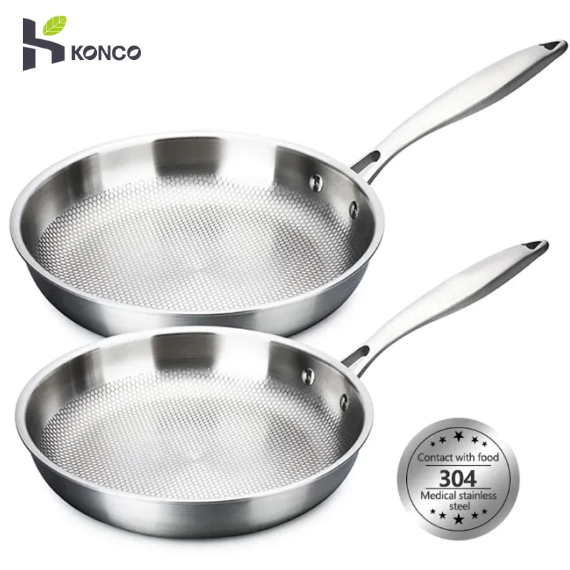 Konco 28/30Cm Padella 304 Wok In Acciaio Inox Padella Antiaderente Cottura Wok Padella Piatta Pentole A Gas A Induzione