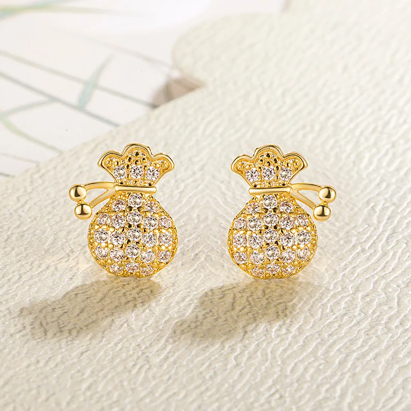 Lucky Bag Money Bag Orecchini Per Donna 2024 New Fashion Versatile Zircone Ear Stud Cute 925 Silver Gold Color Earring Kofsac