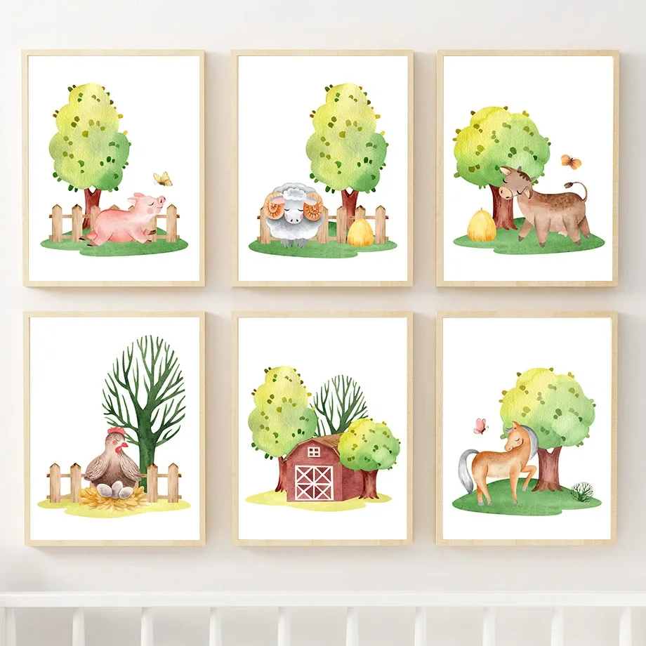 Cartoon Farm Animals Chicken Sheep Cow Pig House Wall Art Nordic Poster Nursery Pictures Kids Room Decor Stampe Su Tela Pittura