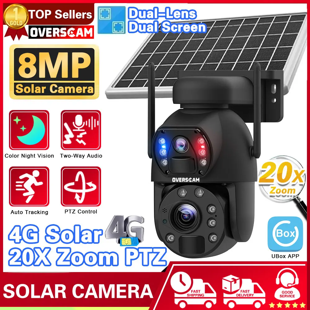 Ubox Solar Camera 4G Sim Card 4K 8Mp Dual Lens 20X Zoom Ottico Outdoor Ptz Pannello Solare Pir Humanoid Tracking Cctv Camera Alarm