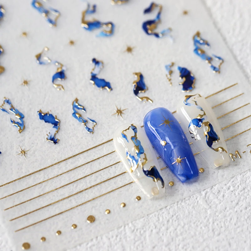 Blue White Halo Dyeing Gold Stamping Stars 3D Autoadesivi Nail Art Stickers Laser Pink Silver Geometric Lines Manicure Decalcomanie