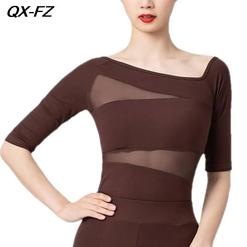 2023 Donne Dance Top Adult Ballroom Latin Yoga Crop Top 1/2 Sleeve Mesh Shirt Ladies Girls Dancing Practice Training Clothes