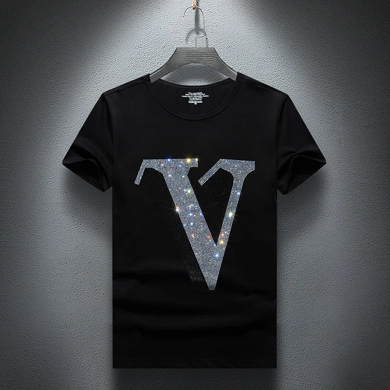Trend Setting Diamond Bottom T-Shirt Uomo Estate Allentata Stirata Diamante Manica Corta T-Shirt Da Uomo Di Grandi Dimensioni Moda