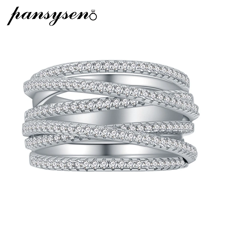 Pansysen Classic 18K White Gold Plated Luxury High Carbon Diamond Cross Rings Per Le Donne Solid Silver 925 Fine Jewelry Wholesale