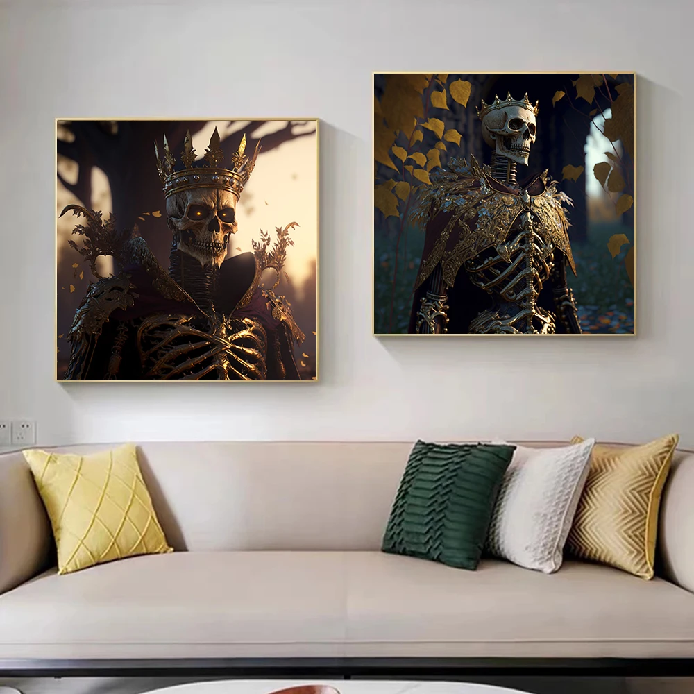 Golden Skeleton Last King Portrait Art Canvas Painting Wall Vintage Abstract Poster Print Soggiorno Camera Da Letto Home Picture Decor