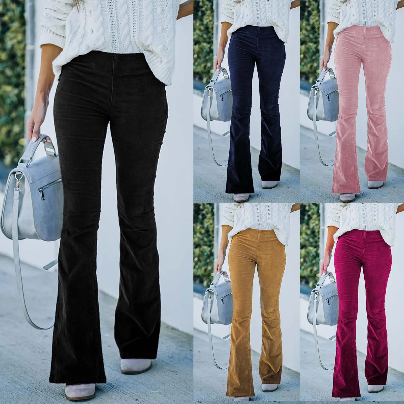 Ladies Solid Colour High Waist Slimming Micro Flare Pants Fashion Corduroy Elastic Waist Casual Pants Simple Versatile Trousers