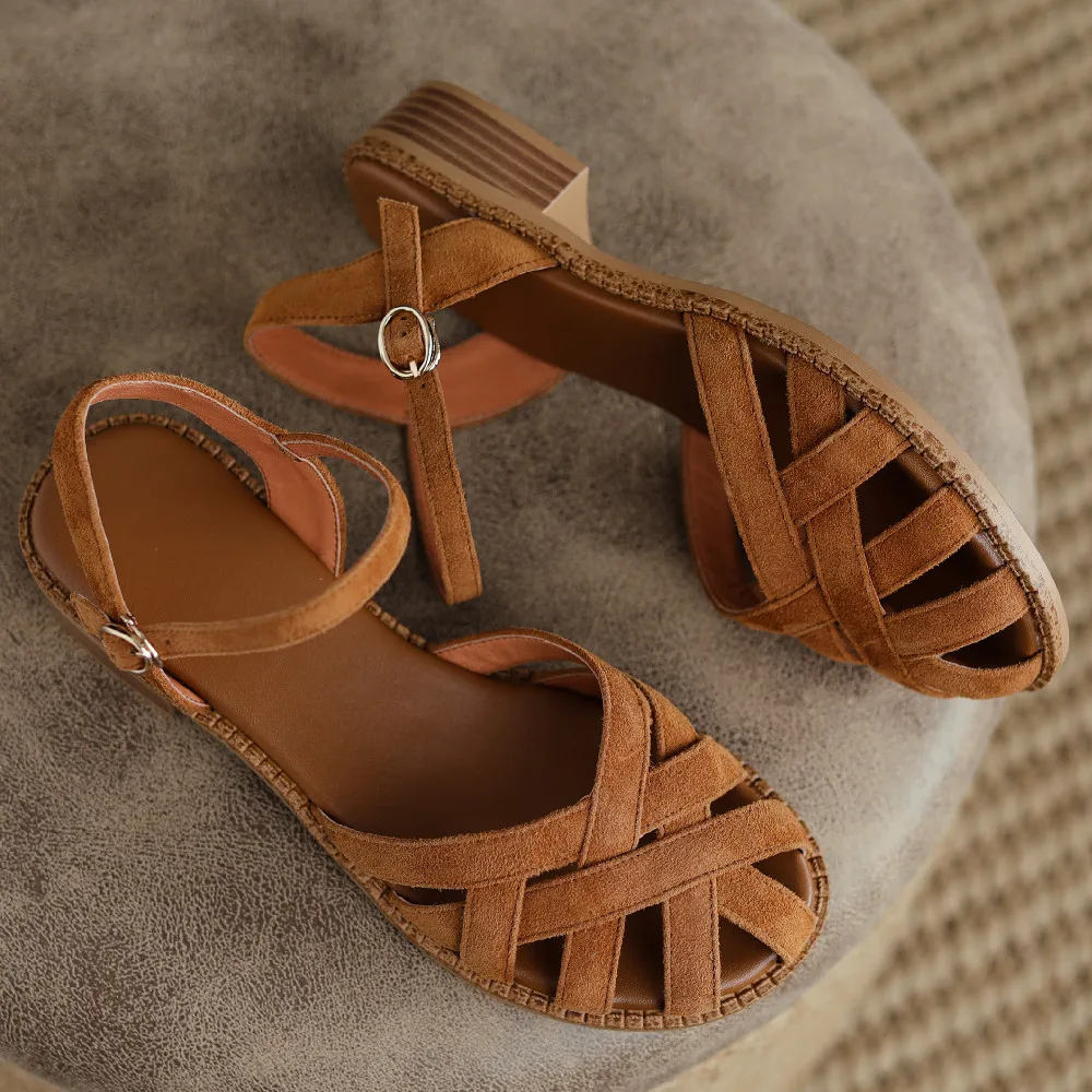 Women'S Natural Suede Leather Narrow Band Braided Cage Round Toe Ankle Strap Flats Sandals Soft Comfortable Casual Daily Shoes