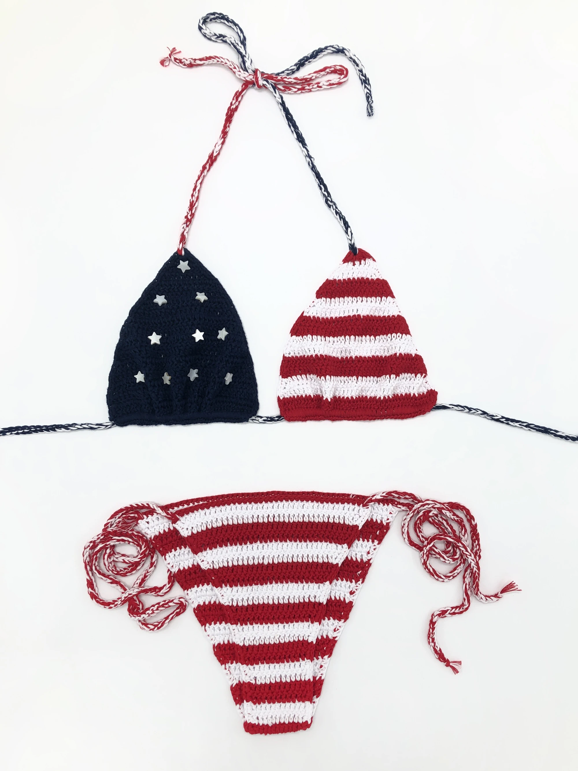 Women Sexy American Flag Crochet Swimsuit Natural Shell Handcraft Bikini Set Strappy Adjustable Bra Swimwear