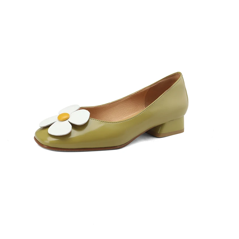 2023 New Spring Women Pumps Natural Leathe 22-24.5Cm Pelle Bovina + Pelle Di Cinghiale Punta Quadrata Fiore Tacchi Bassi Lolita Sweet Women Shoes