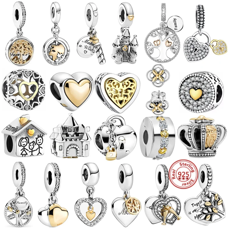 925 Sterling Silver Golden Heart Birthday Candle Castle Tree Ciondola Charm Crown Beads Fit Original Pandora Bracciali Gioielli Fai Da Te